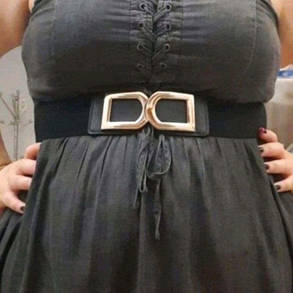 Plus size Black wide elastic stretch gold buckle corset waist statement belt